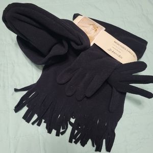3 Piece Set Black Scarf, Hat and Gloves Fleece Set  NEW